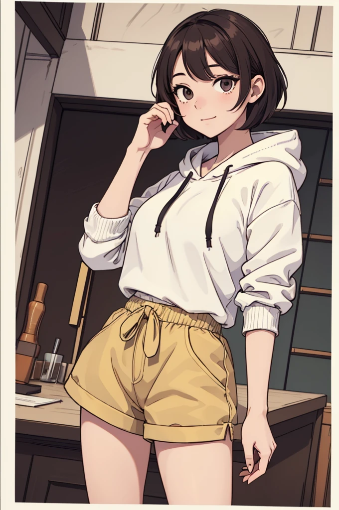 (((masterpiece, best quality, ultra highres, 1 girl, solo, no background))), super detailed skin and face and eyes and finger, beautiful japanese woman, small breasts:1.5, skinny, light brown hair, white background, very short pixie hair, Knee shot, Generate with illustrations, Various expressions, Various poses, Please draw the entire character within the frame, ensuring that the head, arms, and legs are not cut off. The background should be simple, with the character positioned centrally, outline, flat anime, 2d, laugh, boyish, hoodie, shorts,