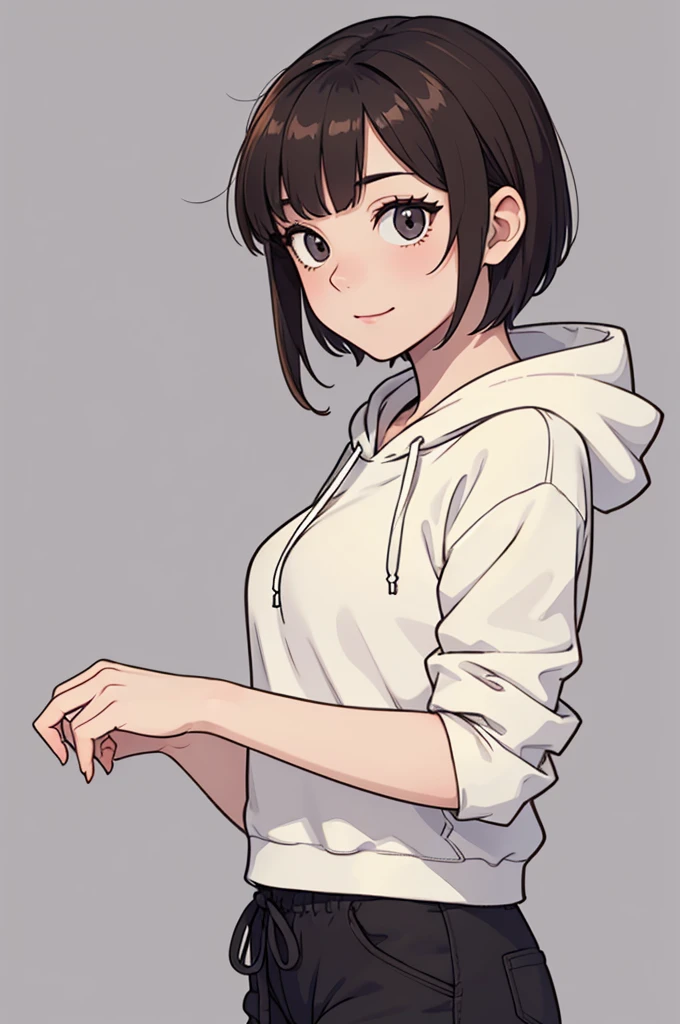 (((masterpiece, best quality, ultra highres, 1 girl, solo, no background))), super detailed skin and face and eyes and finger, beautiful japanese woman, small breasts:1.5, skinny, light brown hair, white background, very short curly pixie hair, (an illustration of girl), Knee shot, Generate with illustrations, Various expressions, Various poses, Please draw the entire character within the frame, ensuring that the head, arms, and legs are not cut off. The background should be simple, with the character positioned centrally, outline, anime, hoodie, laugh,