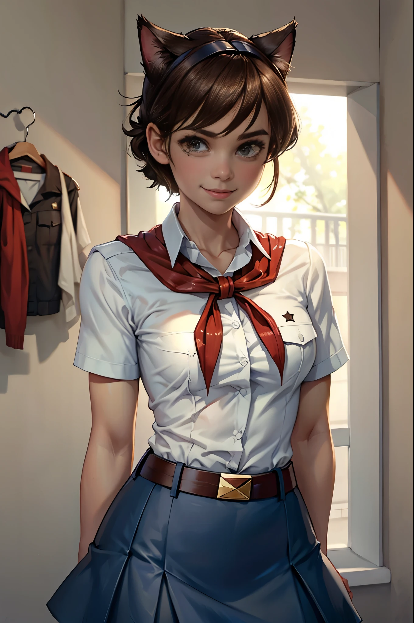 very young slim fit girl, at full height, rounded face, very long disheveled dark brown hair, big brown eyes, shy smile, perfect flat breast, band on head with fake cat ears, parororo, pioneer neckerchief, blue thight microskirt, bangs, shirt, collarbone, white shirt, short sleeves, collared shirt, belt, neckerchief, eyelashes, red neckerchief, breast pocket