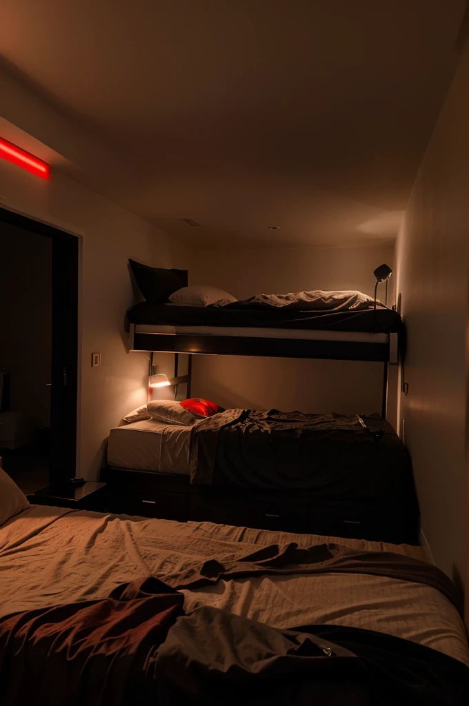 Generate a nude of the blonde you generated earlier. She is in black lingerie, on his bed with red LEDs lighting his room.