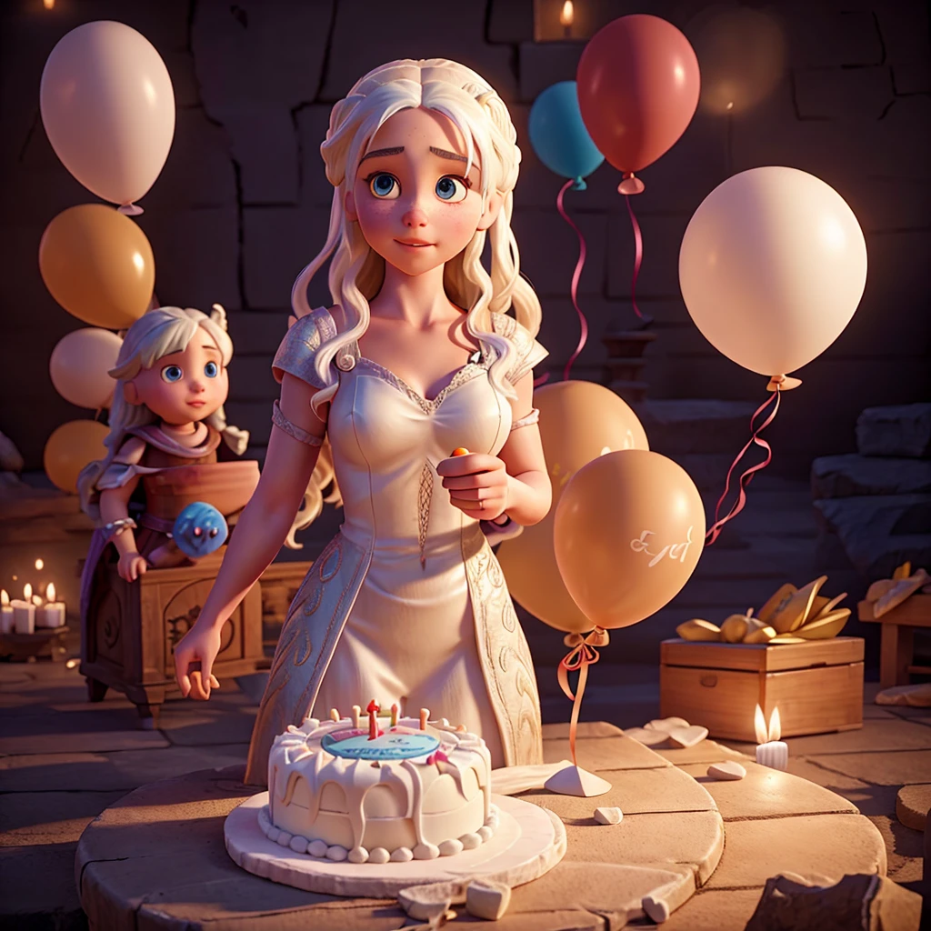 Daenerys Targaryen at her birthday party with balloons and a birthday cake
