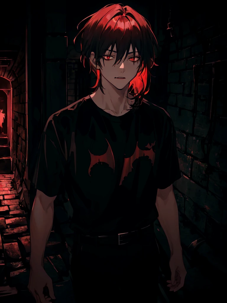 1boy, (Medium-length hair: 1.2), With a ponytail,male, Dark red eyes, (dark theme:1.3), (dark atmosphere:1.3), Horror atmosphere, (Dark Underground: 1.5)