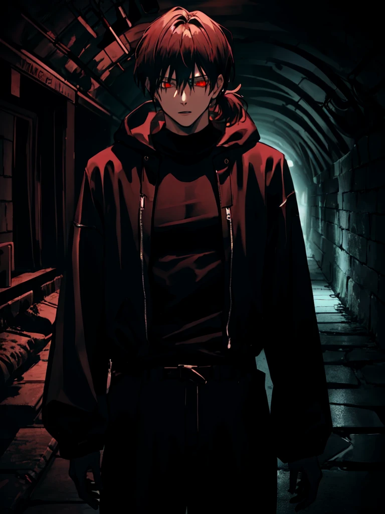 1boy, (Medium-length hair: 1.2), With a ponytail,male, Dark red eyes, (dark theme:1.3), (dark atmosphere:1.3), Horror atmosphere, (Dark Underground: 1.5)