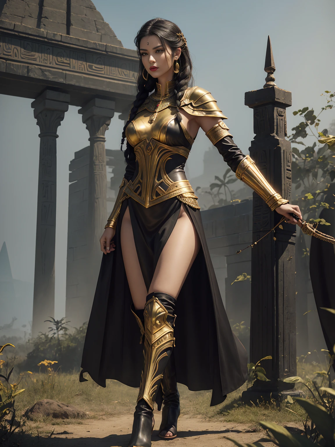 ((full body photo, standing, feet on the ground))Full body of a fantasy sexy sensual beautiful warrior woman, tall body, slim figure, aristocratic face, long black braided hair, black eyes, red lips, long graceful neck, metal and leather armor, leather boots, gold collars, gold earrings, densely overgrown with plants behind Egyptian pyramid, smoke, swirling fog, 3D, elaborate fine details, dusk, faded dark colors