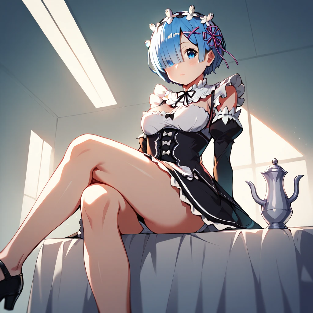 score_9, score_8_up, score_7_up, rem_\(re:zero\)
blue_eyes,hair_over_one_eye,short_hair,blue_hair,hair_ribbon,roswaal_mansion_maid_uniform, 1girl, solo, sitting, crossed legs, from below
Masterpiece, best quality, detailed eyes, perfect face, award winning