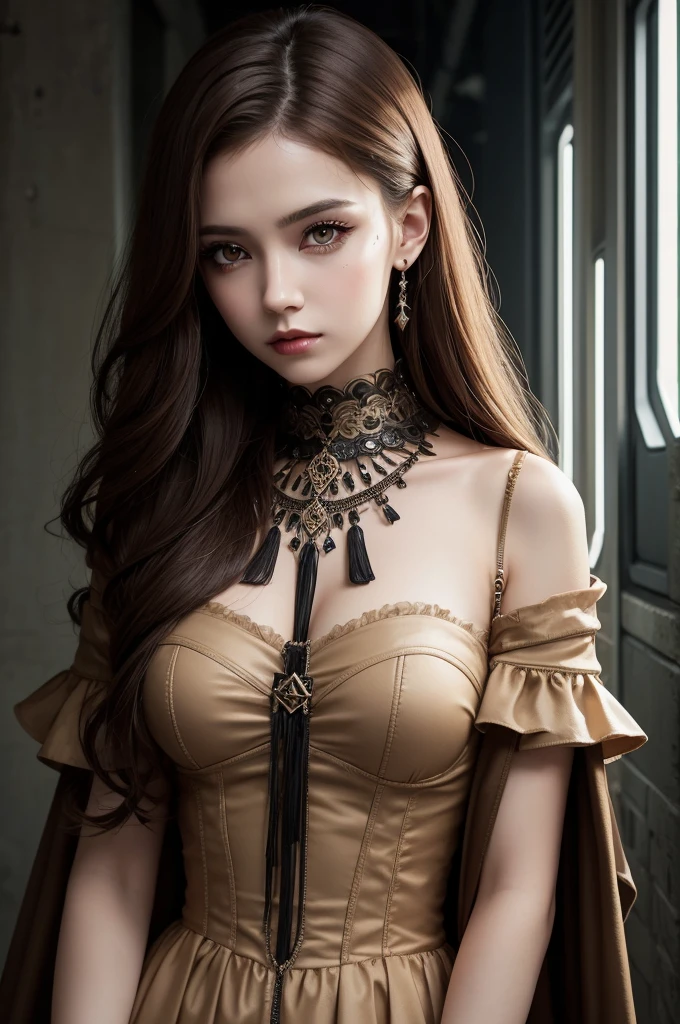 Create for me an image,of a human being with brown hair brown eyes and medium beige skin tone, dress inspired by gothic styles, vintage, e cyberpunk.