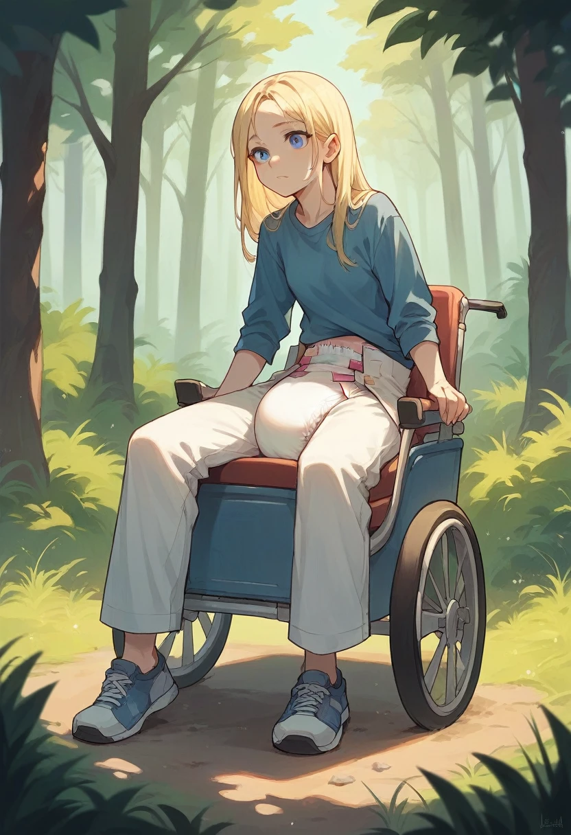 blonde girl, White skin, blue eyes, with blue shirt, white diaper, lowered pants, sitting in her wheelchair, In the middle of the forest