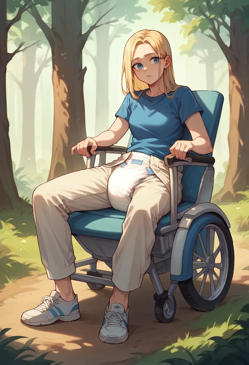 blonde girl, White skin, blue eyes, with blue shirt, white diaper, lowered pants, sitting in her wheelchair, In the middle of the forest