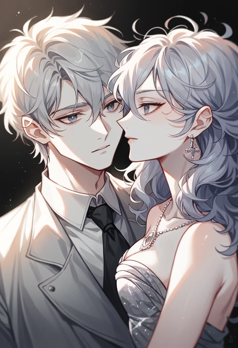 Masterpiece, Superb fashion, (fashion Costume), (illustration), (2 people), elegant Young Couple, (Russian windmill style), fashion, silver hair, (wide), (messy hair), (White skin), (dark circles), elegant, Dance steps, trend, dark gray,, close up, (Big backyard), (chiaroscuro)), fine details of the face, Facial details, cinematic lighting, (depth of field), UHD, (Upper part of the body), black background