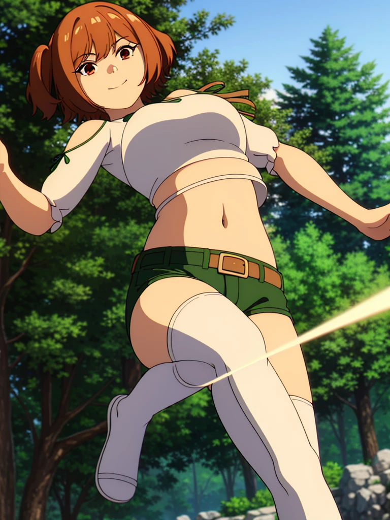 (8K, Highest quality, Highest quality, masterpiece), standing, 1girl, fullbody, solo, cowboy shot, (forest landscape), (summer sky), smile, Shorts, outdoors, leafs in the air

kanne, short hair, brown hair, twintails, (brown eyes:1.3), shirt, thighhighs, navel, bare shoulders, white shirt, short sleeves, midriff, belt, white thighhighs, crop top, clothing cutout, shoulder cutout, (green shorts)
