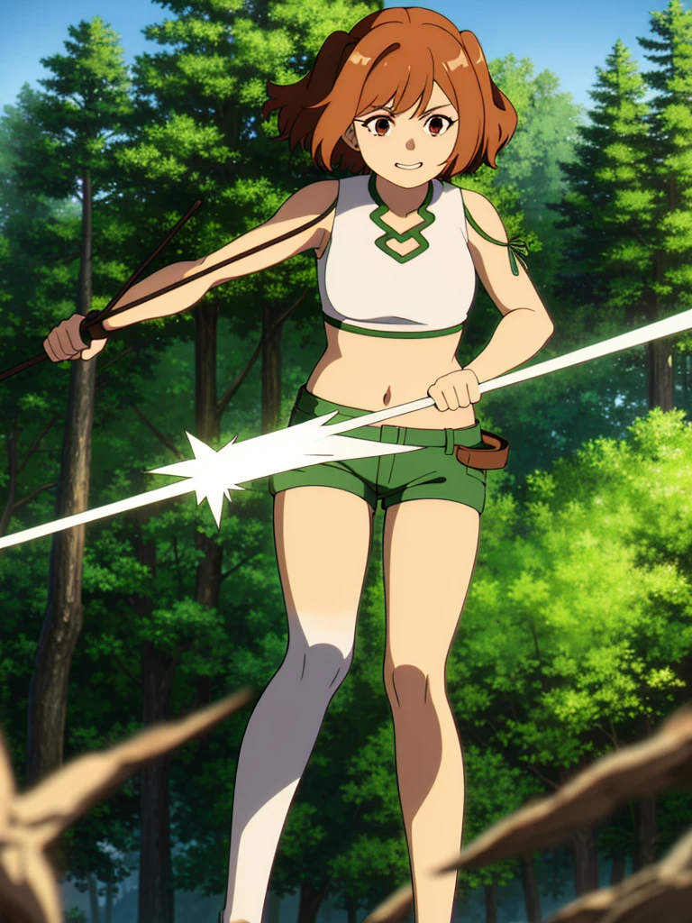 (8K, Highest quality, Highest quality, masterpiece), standing, 1girl, fullbody, solo, cowboy shot, (forest landscape), (summer sky), smile, Shorts, outdoors, leafs in the air

kanne, short hair, brown hair, twintails, (brown eyes:1.3), shirt, thighhighs, navel, bare shoulders, white shirt, short sleeves, midriff, belt, white thighhighs, crop top, clothing cutout, shoulder cutout, (green shorts)
