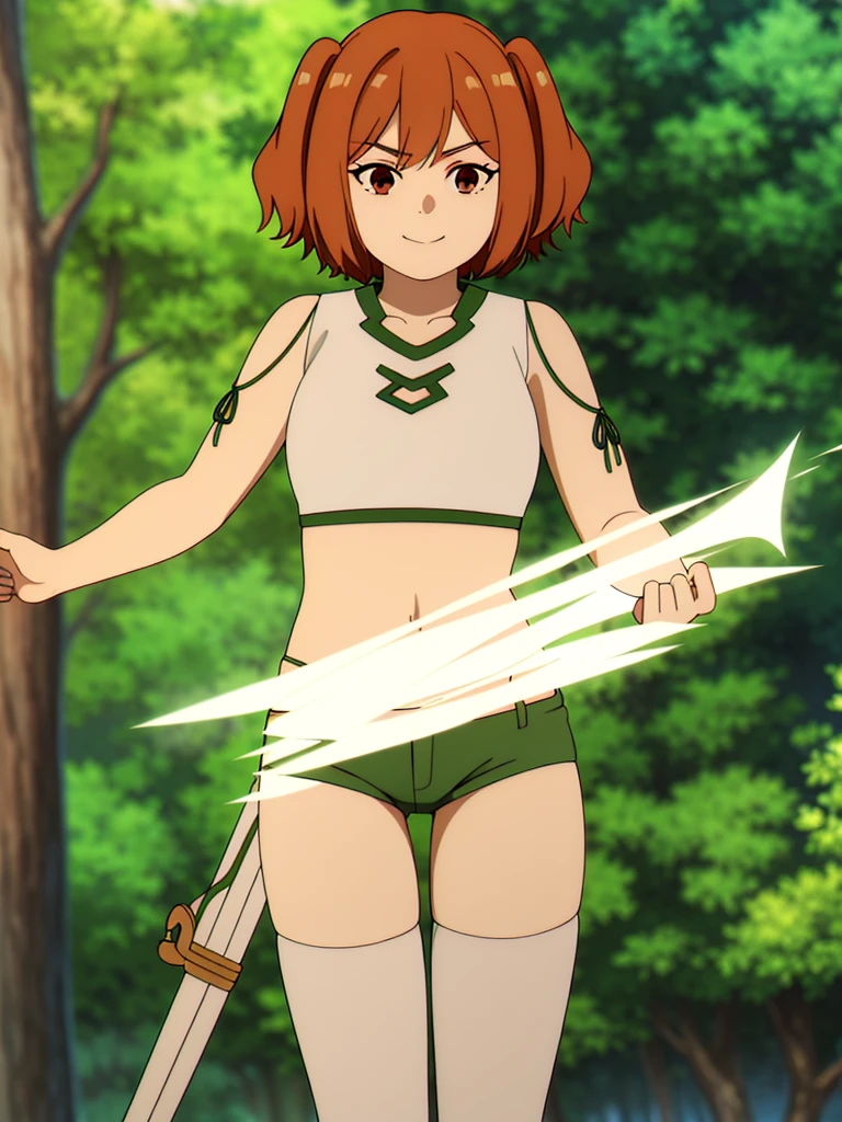 (8K, Highest quality, Highest quality, masterpiece), standing, 1girl, fullbody, solo, cowboy shot, (forest landscape), (summer sky), smile, Shorts, outdoors, leafs in the air

kanne, short hair, brown hair, twintails, (brown eyes:1.3), shirt, thighhighs, navel, bare shoulders, white shirt, short sleeves, midriff, belt, white thighhighs, crop top, clothing cutout, shoulder cutout, (green shorts)
