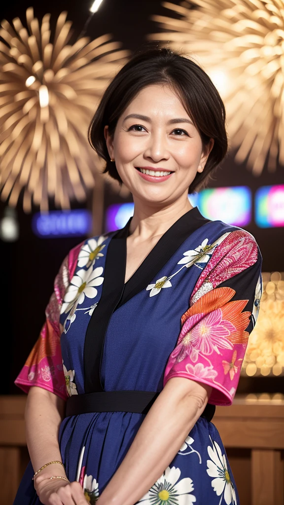 最high quality, 8K, Vibrant, Sharp focus, high quality, High resolution, Middle-aged women, Mature Woman, 55 years old, (Whole Body Ezbian), (High heels face detail, Highly detailed eyes, Plump figure、Plump face At midnight, an older woman in a colorful yukata with a low-cut neckline is radiating the best smile at a fireworks festival. She is surrounded by vibrant fireworks in the night sky, her yukata adorned with intricate patterns. The scene captures her joyous expression and the festive atmosphere, highlighting her elegance and the beauty of the fireworks. The image is highly detailed, with realistic textures and vivid colors, showcasing the lively spirit of the event and her captivating presence.