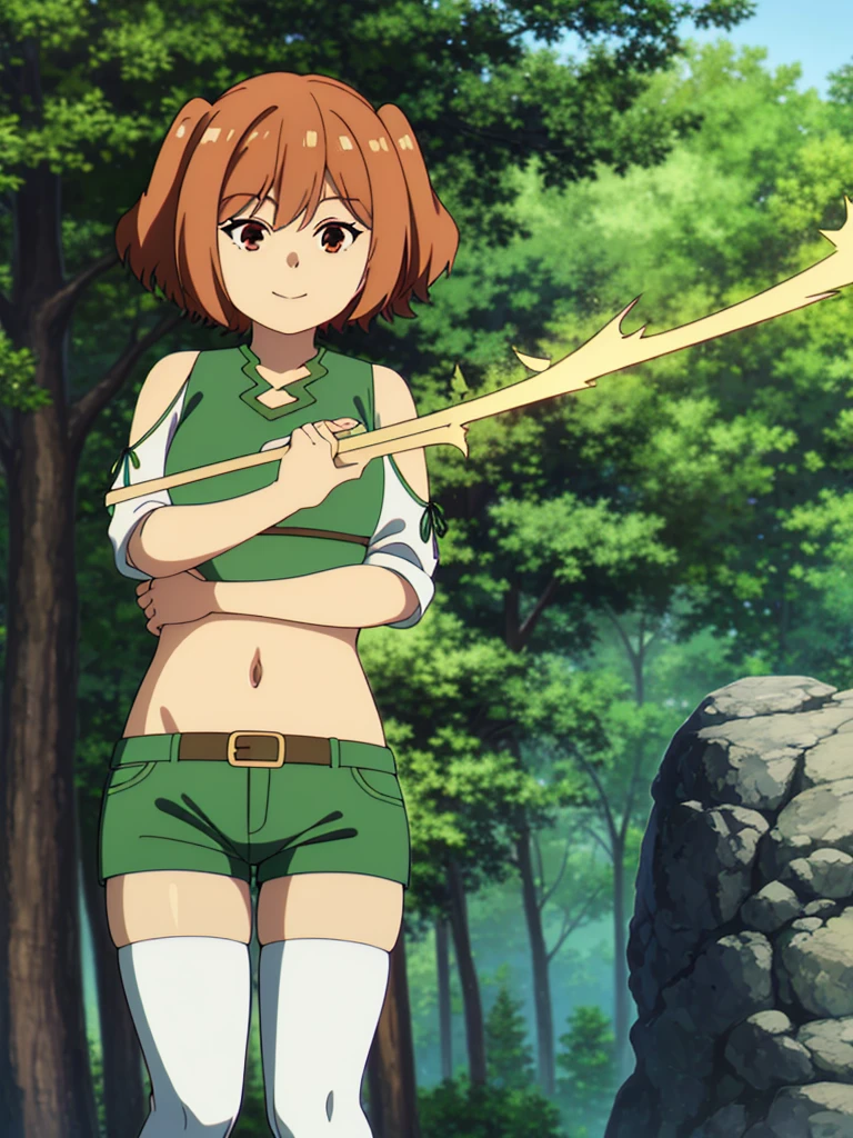 anime style, dongua style, Elven Ranger, woman, long brown hair, hime cut style, blue eyes, green cloak, elven outfit, pink skirt, pantiless, crotch exposed, thigh-high stockings, squatting, legs apart, quiver, bow and arrow, bow aiming, looking down, archer pose,