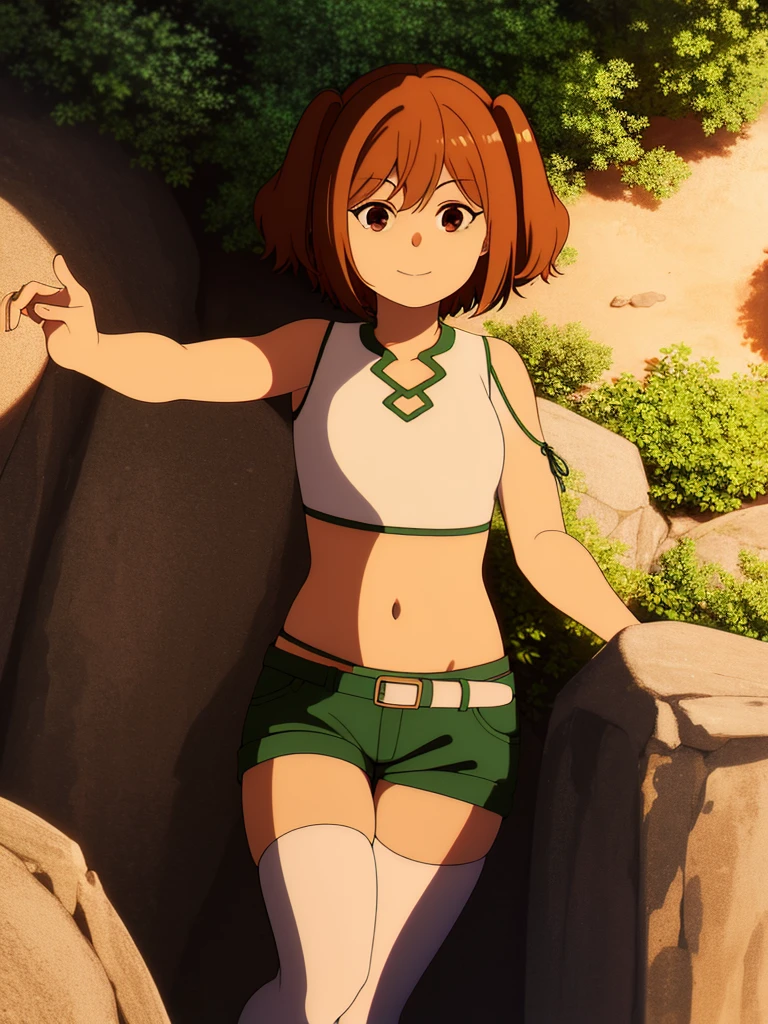 (8K, Highest quality, Highest quality, masterpiece), standing, 1girl, fullbody, solo, cowboy shot, (forest landscape), (summer sky), smile, Shorts, outdoors, leafs in the air

kanne, short hair, brown hair, twintails, (brown eyes:1.3), shirt, thighhighs, navel, bare shoulders, white shirt, short sleeves, midriff, belt, white thighhighs, crop top, clothing cutout, shoulder cutout, (green shorts)
