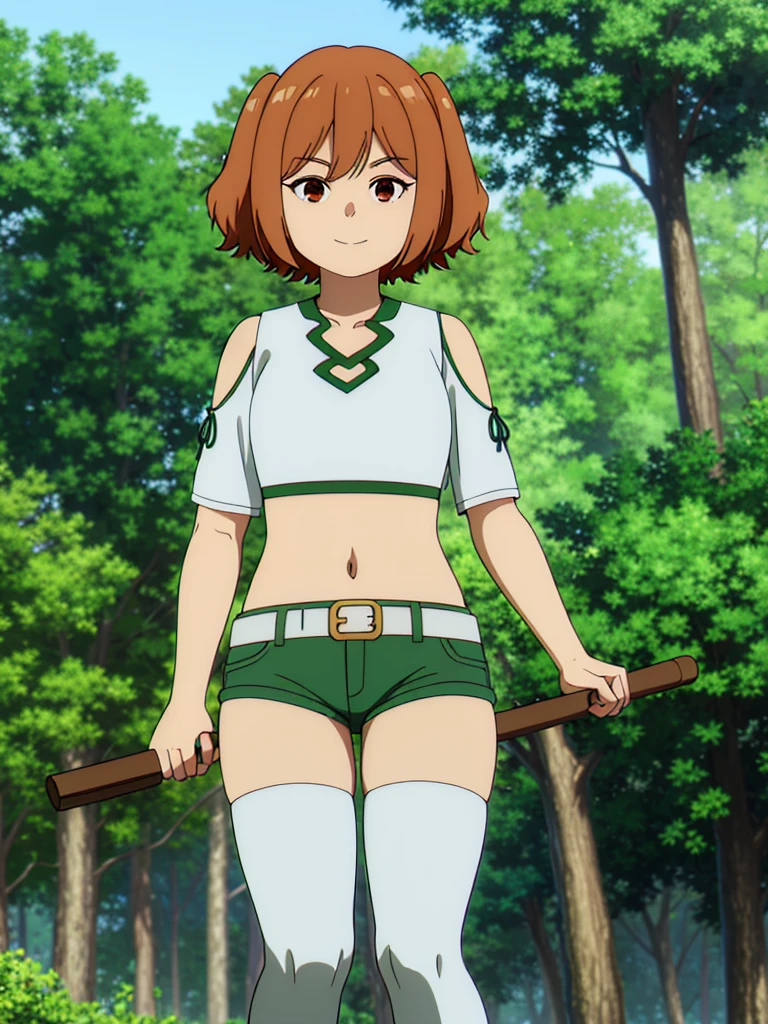 (8K, Highest quality, Highest quality, masterpiece), standing, 1girl, fullbody, solo, cowboy shot, (forest landscape), (summer sky), smile, Shorts, outdoors, leafs in the air

kanne, short hair, brown hair, twintails, (brown eyes:1.3), shirt, thighhighs, navel, bare shoulders, white shirt, short sleeves, midriff, belt, white thighhighs, crop top, clothing cutout, shoulder cutout, (green shorts)
