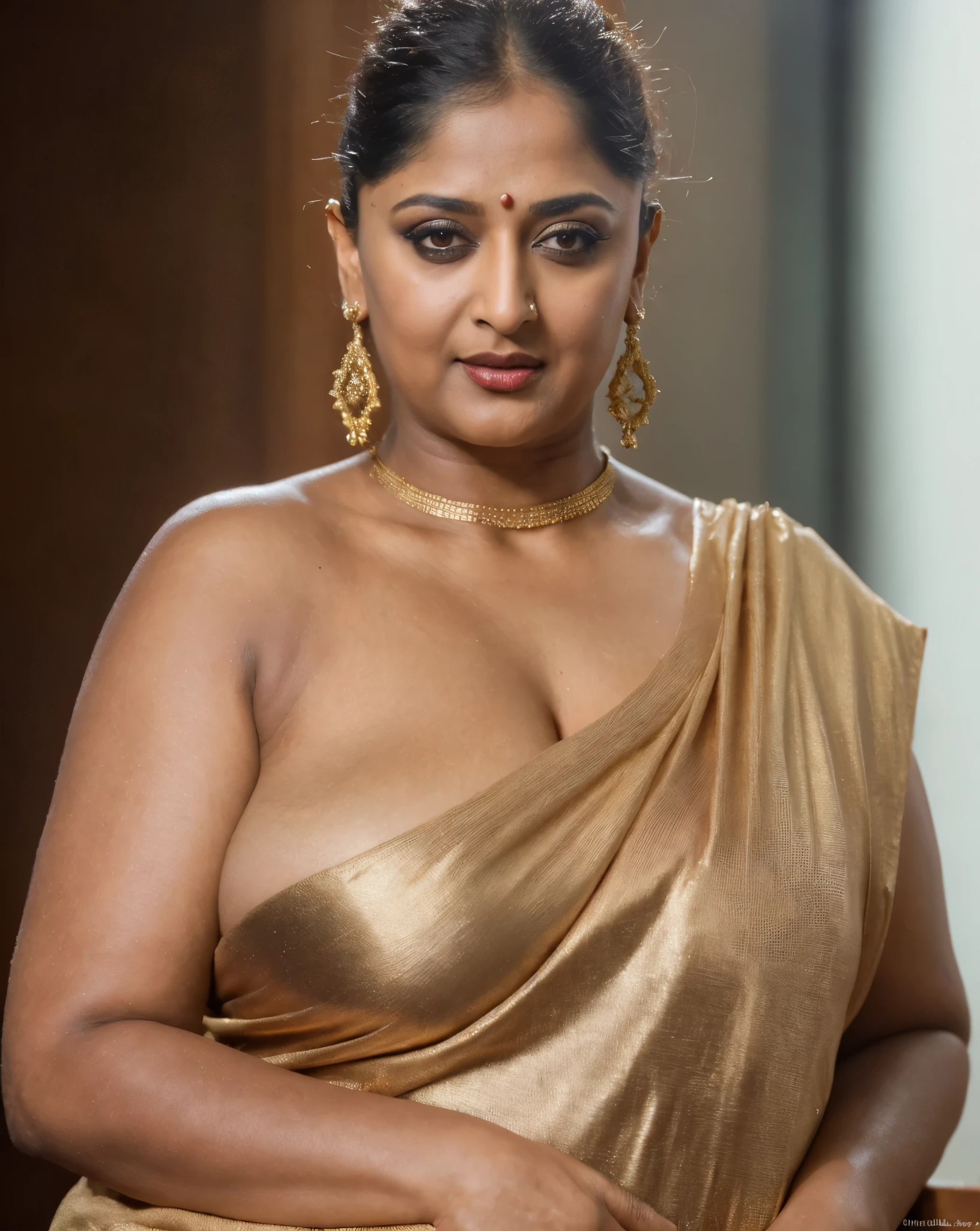 50yo mature MILF Anushka Shetty,((best quality)), ((masterpiece)), ((realistic)), eye kajal, mascara, red lips, sensual Beauty, provoking body, extreme sweat, sweat soaked skin, slight stretch marks, alluring figure, bulging figure, thick charming lady, curvy, thick navel, full figured woman, eye kajal, massive breast, full body, styled hair, pierced eyes, female face,royal aura, trend on artstation , sharp focus, studio photo, intricate detail, very detailed, detailed eye, illustration, very detailed, sharp focus, digital render, professional, 4k
