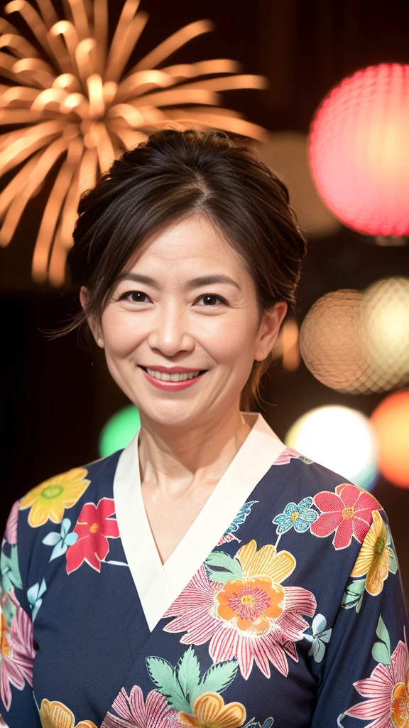 最high quality, 8K, Vibrant, Sharp focus, high quality, High resolution, Middle-aged women, Mature Woman, 55 years old, (Whole Body Ezbian), (High heels face detail, Highly detailed eyes, Plump figure、Plump face At midnight, an older woman in a colorful yukata with a low-cut neckline is radiating the best smile at a fireworks festival. She is surrounded by vibrant fireworks in the night sky, her yukata adorned with intricate patterns. The scene captures her joyous expression and the festive atmosphere, highlighting her elegance and the beauty of the fireworks. The image is highly detailed, with realistic textures and vivid colors, showcasing the lively spirit of the event and her captivating presence.
