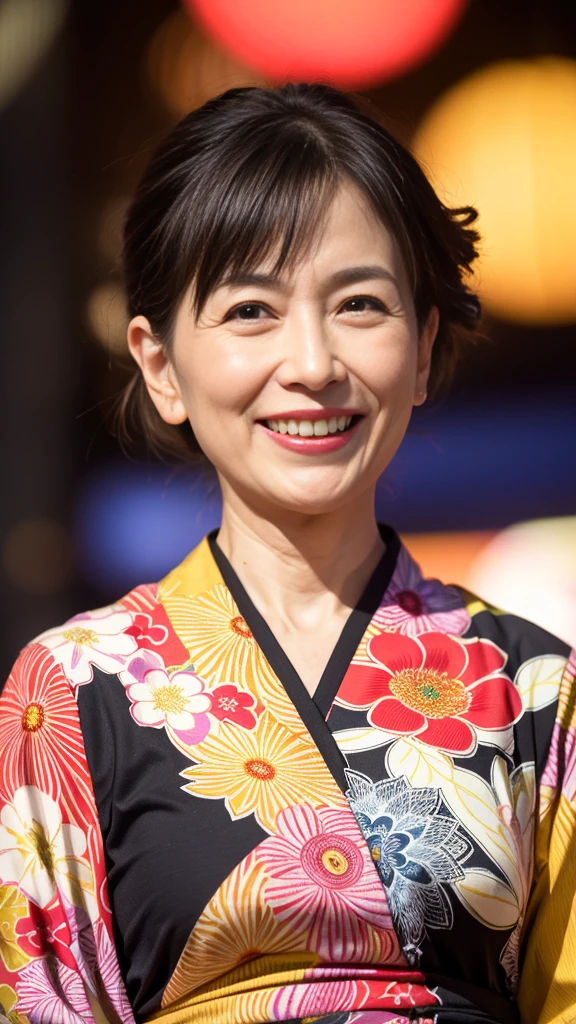 最high quality, 8K, Vibrant, Sharp focus, high quality, High resolution, Middle-aged women, Mature Woman, 55 years old, (Whole Body Ezbian), (High heels face detail, Highly detailed eyes, Plump figure、Plump face At midnight, an older woman in a colorful yukata with a low-cut neckline is radiating the best smile at a fireworks festival. She is surrounded by vibrant fireworks in the night sky, her yukata adorned with intricate patterns. The scene captures her joyous expression and the festive atmosphere, highlighting her elegance and the beauty of the fireworks. The image is highly detailed, with realistic textures and vivid colors, showcasing the lively spirit of the event and her captivating presence.
