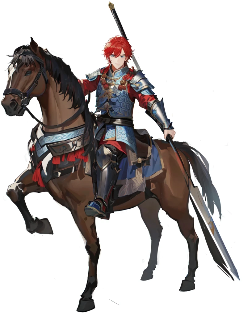 There was a red-haired man riding a horse, Red ogre riding a horse, 重cavalry, Horse Warrior, With scaly armor, wearing shining plate armor, Black and red armor, Three Kingdoms主题盔甲,Three Kingdoms,Three Kingdoms志,Three Kingdoms演义,Zhao Yun,Ma Chao,Chinese Armor,Han Dynasty armor,cavalry,Holding a medium-length gun,Blue Eyes,Young General,Chinese style,antiquity