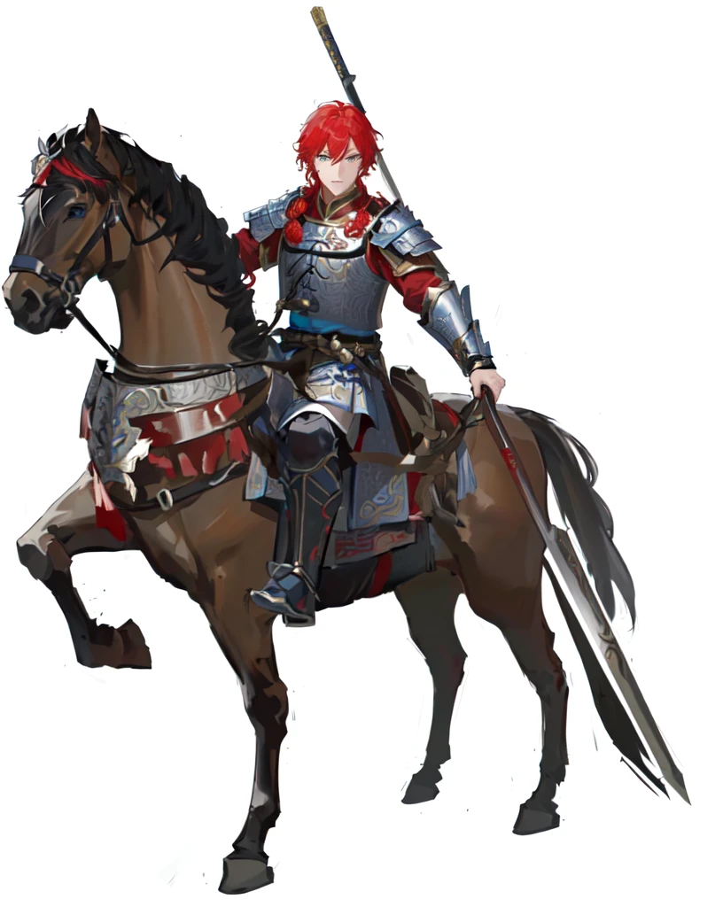There was a red-haired man riding a horse, Red ogre riding a horse, 重cavalry, Horse Warrior, With scaly armor, wearing shining plate armor, Black and red armor, Three Kingdoms主题盔甲,Three Kingdoms,Three Kingdoms志,Three Kingdoms演义,Zhao Yun,Ma Chao,Chinese Armor,Han Dynasty armor,cavalry,Holding a medium-length gun,Blue Eyes,Young General,Chinese style,antiquity