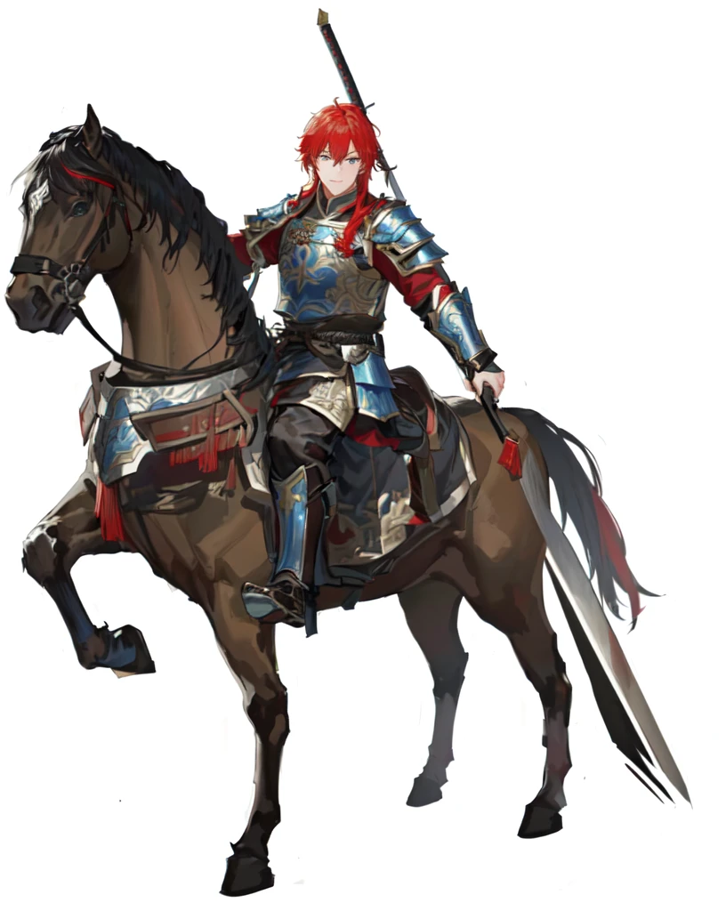 There was a red-haired man riding a horse, Red ogre riding a horse, 重cavalry, Horse Warrior, With scaly armor,  wearing shining plate armor, Black and red armor,  Three Kingdoms主题盔甲,Three Kingdoms，Three Kingdoms志，Three Kingdoms演义，Zhao Yun，Ma Chao，Chinese Armor，Han Dynasty armor，cavalry，Holding a medium-length gun，Blue Eyes，Young General，Chinese style，antiquity