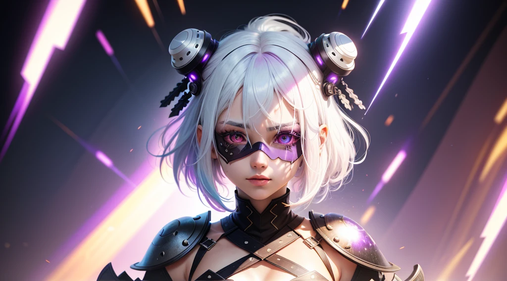 1 girl, White hair, multicolored hair, purples eyes, mask on head, side lighting, Light particles, wall-paper, arms, perspiring