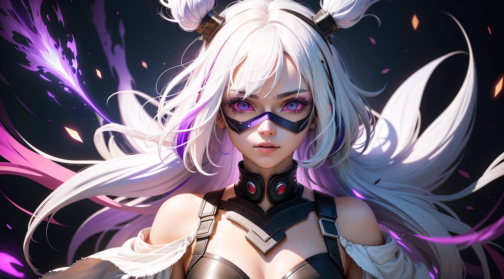 1 girl, White hair, multicolored hair, purples eyes, mask on head, side lighting, Light particles, wall-paper, arms, perspiring