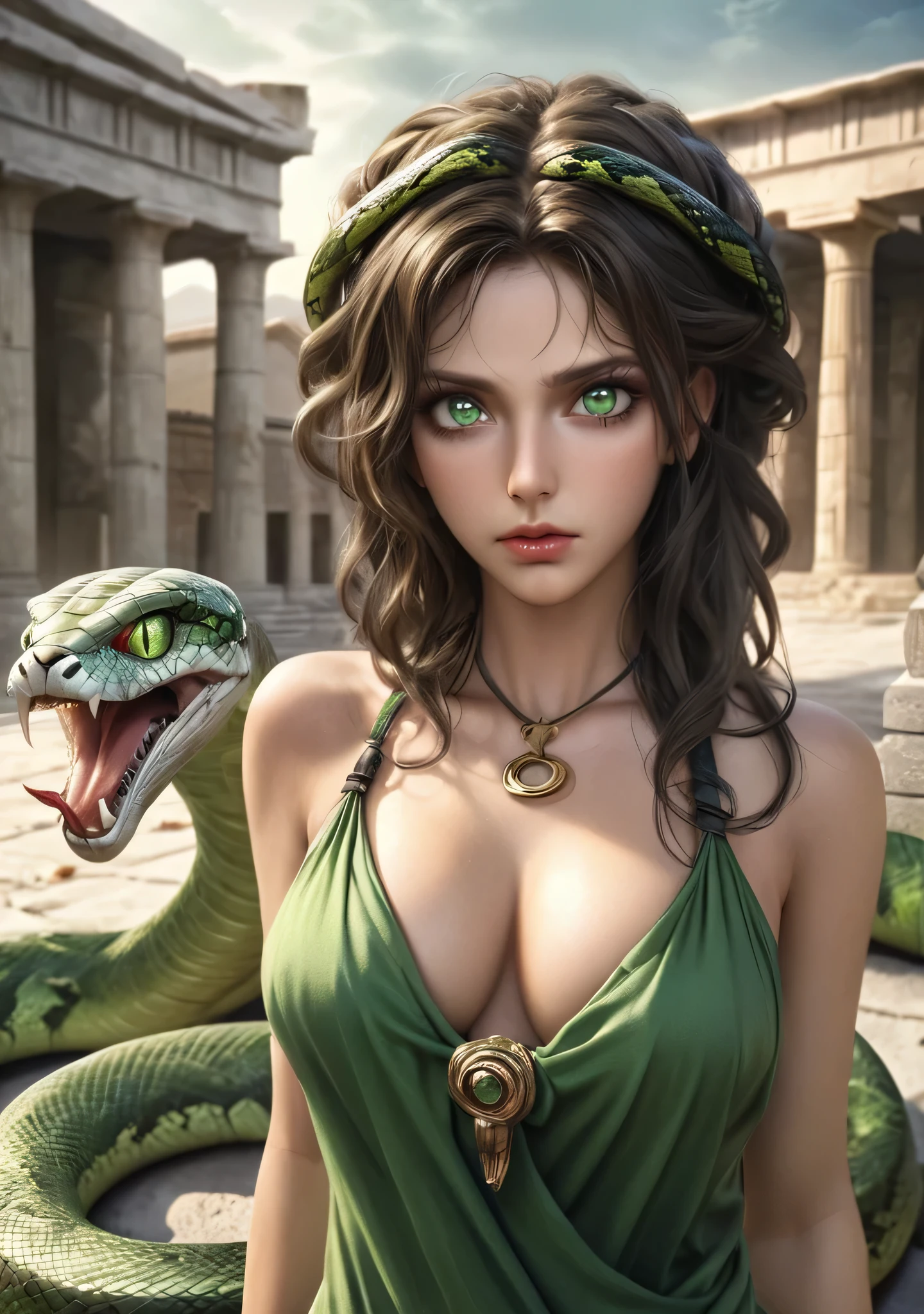 Medusa creature from Greek mythology, a sensual woman, serpent eyes, green eyes, penetrating eyes, with several live snakes for hair, green scaled clothing, medium breasts, background of the scene is a temple of ancient Greek architecture, realism, high definition, hdr, 4k, realism, ultra realistic