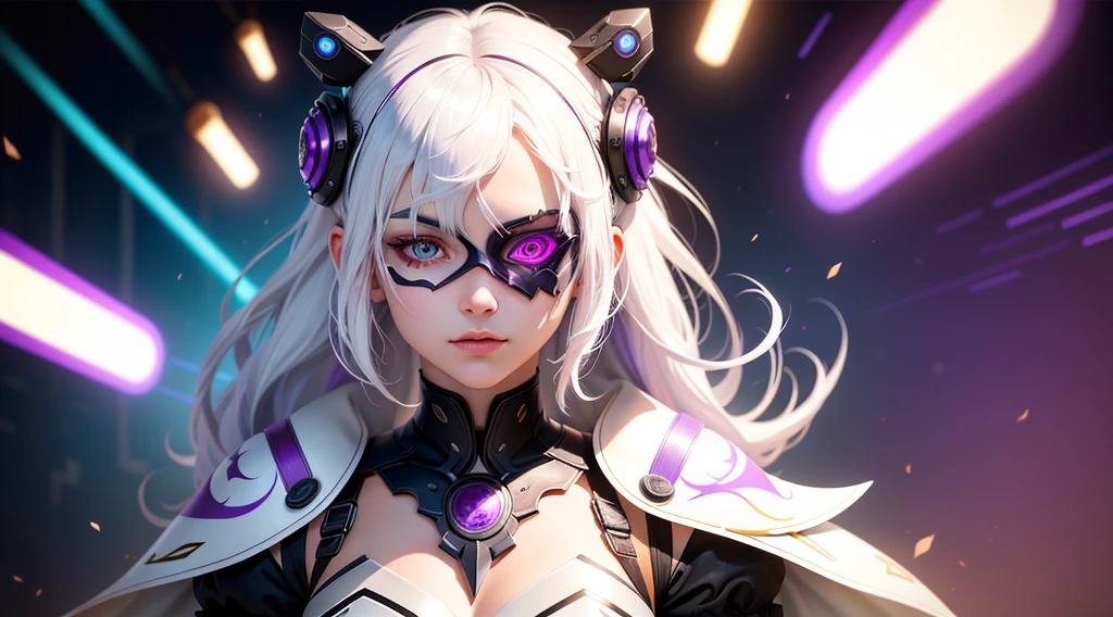 1 girl, White hair, multicolored hair, purples eyes, mask on head, side lighting, Light particles, wall-paper, arms, perspiring