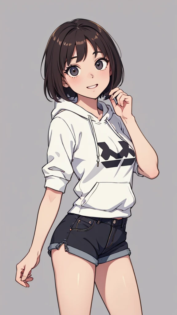 (((masterpiece, best quality, ultra highres, 1 girl, solo, no background))), super detailed skin and face and eyes and finger, beautiful japanese woman, small breasts:1.5, skinny, light brown hair, white background, very short pixie hair, Knee shot, Generate with illustrations, Various expressions, Various poses, Please draw the entire character within the frame, ensuring that the head, arms, and legs are not cut off. The background should be simple, with the character positioned centrally, outline, flat anime, 2d, laugh, boyish, big size hoodie, shorts,