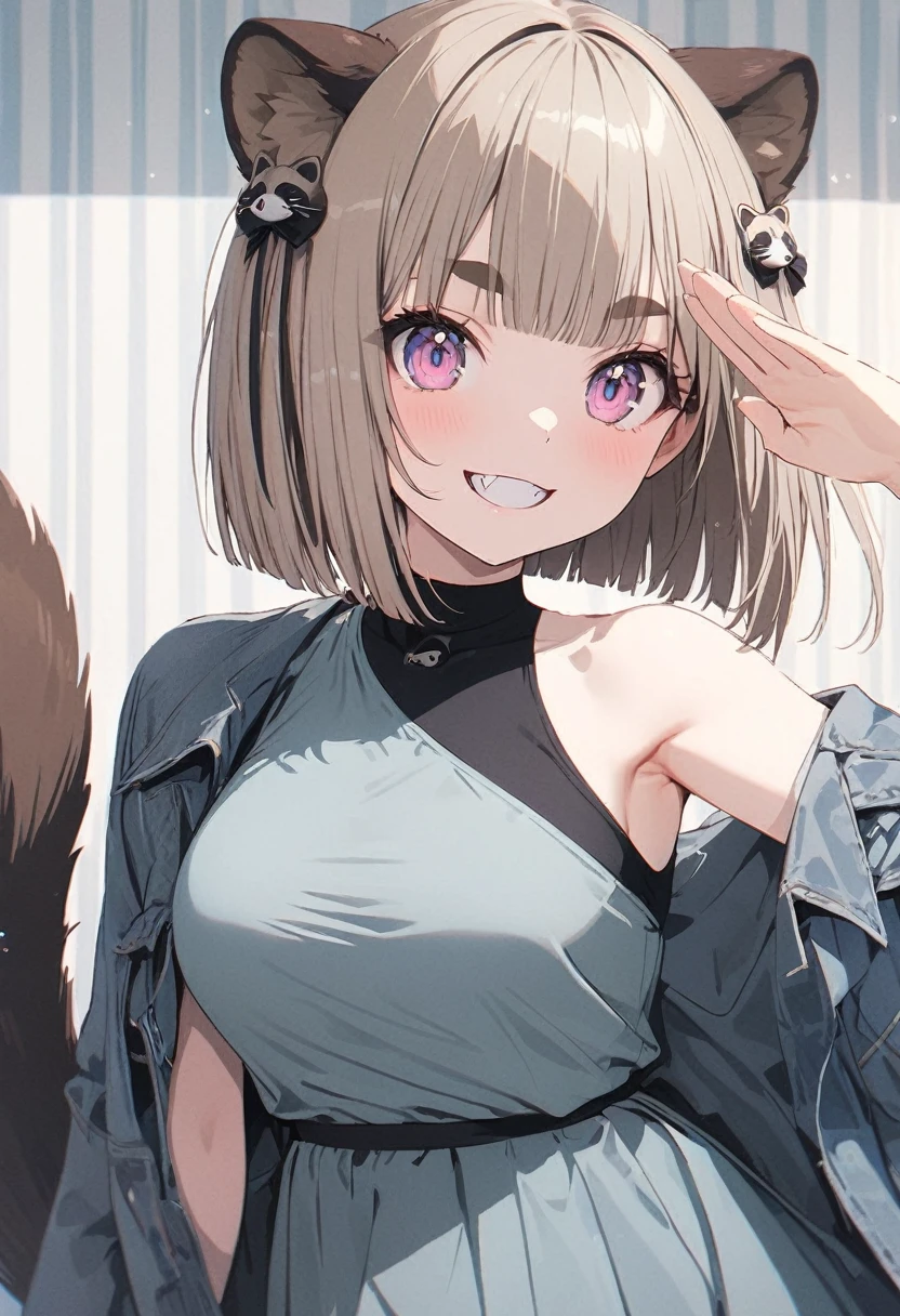 (best quarity,ultra detailed,ultra-high-resolution, absolutely resolution,8k, masterpiece),anime,(pale colors:1.8),long shot, 1girl, (on right:1.3), solo, cat mouth, dynamic angle, holding flower, salute, grin, smile, fang,  blue hair, bobcut, straight hair, racoon ears, racoon tail, (brown streaked hair:1.3), (blunt bangs) ,thick eyebrows, big breast, off shoulder clothes, racoon tattoo, cutout,flower hair ornament,  striped background, shadow, 