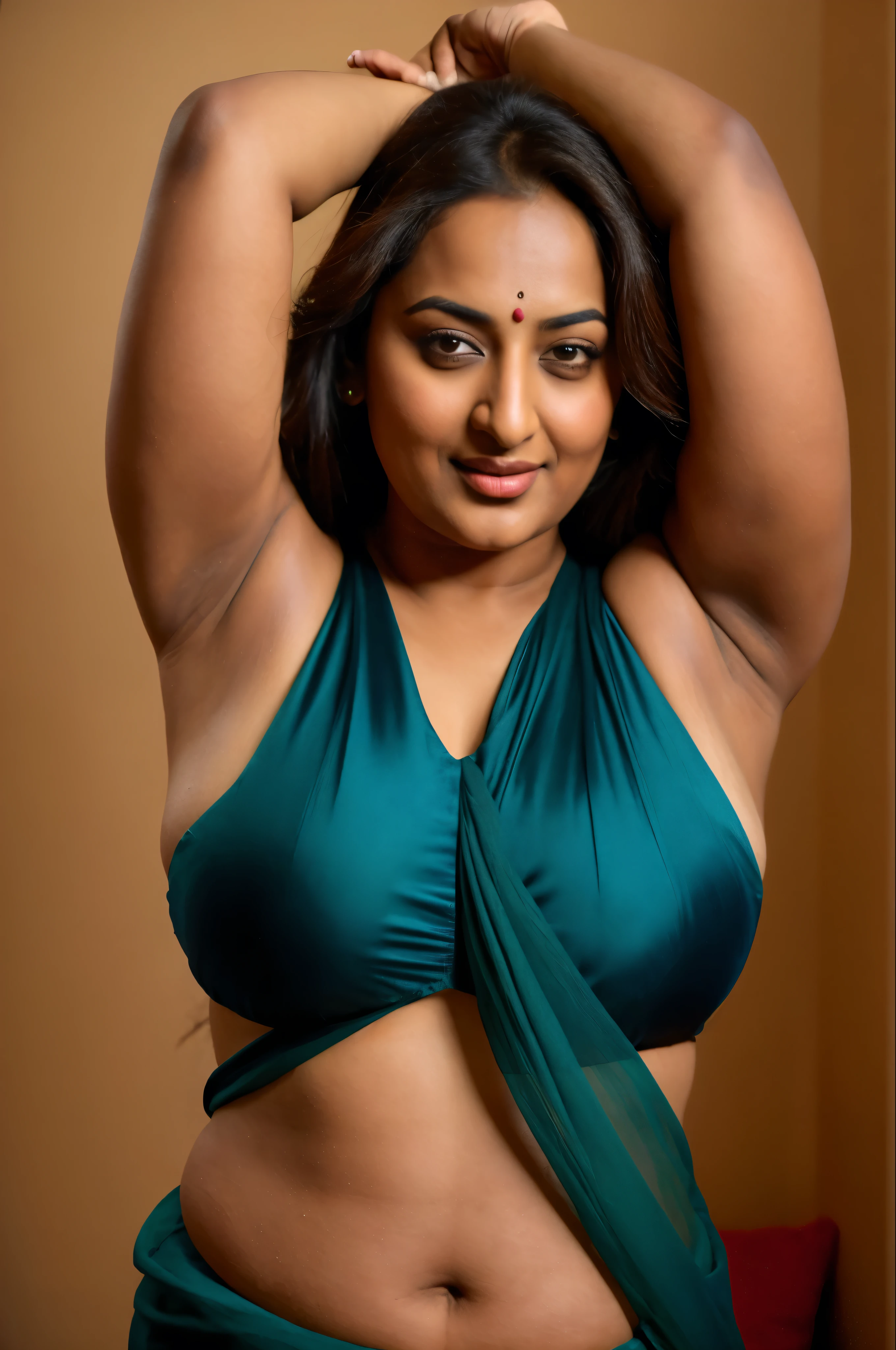 Foto RAW, photorealistic, photography, full body shot, 50 years old Woman, master shot, perfect eyes, goddess like beauty, pierced eyes, perfect thick chubby mallu Desi aunty bhabhi, Wearing a Stanapatta, a chest-band.Saree model, model Photography, Indian saree shoot, Indian traditional wear advertising photography, traditional wear brand shoot, face of Indian actress Sonakshi Sinha, masterpiece, realistic, realism, incredible details,  pleasure, photorealism, detailed skin, skin pores, high contrast, photorealistic Artstation 8k HD digital art trend of high definition and detailed realistic skin texture, ultra detail, realistic skin texture, armature, best quality, ultra high definition, (photorealistic:1.4),, high resolution, detail, raw photo, sweat, Re sharp, by Lee Jefferies Nikon D850 Film Stock Photo 4 Kodak Portra 400 Camera F1.6 Lens Rich Color Ultra Real Realistic Realistic Textures Dramatic Lighting Unreal Engine Trending at Art Station Cinestill 800,(pele altamente detalhada: 1.2), 8k UHD, DSLR, soft-lighting, alta qualidade, grain of film, Fujifilm XT3,she didn't like to wear blouse or bra, she is happy to wear only saree, she hates blouse or bra, detailed hairy armpits, hyper realistic skin, skin pores, sweat, veins, short hairs on armpit, stubble armpits, hyper realistic hairy armpits, low waist saree, 