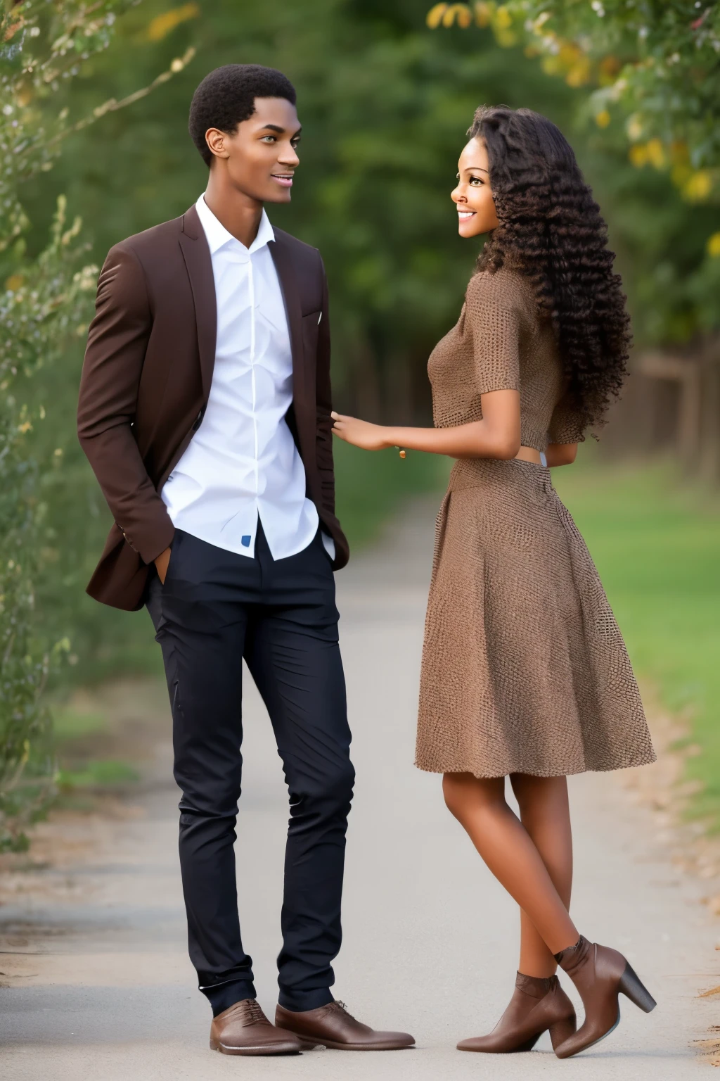 Create two characters in a single image, a man and a woman, a dark-skinned boy of 1.90 tall with brown eyes, a slim build but with very strong and masculine robust features with prominent and manly facial features and attractive black, curly hair with a tumbl style oufit And the girl is 1.58 tall, white skin, hazel eyes, slim with beautiful curves, dark brown hair and prominent facial features, beautiful and very feminine, slim build, wearing tumuna high school style clothes as if they were meeting for the first time and that in their midst there was a separation of 5 meters that separates the boy from the girl, both seeing each other in the distance