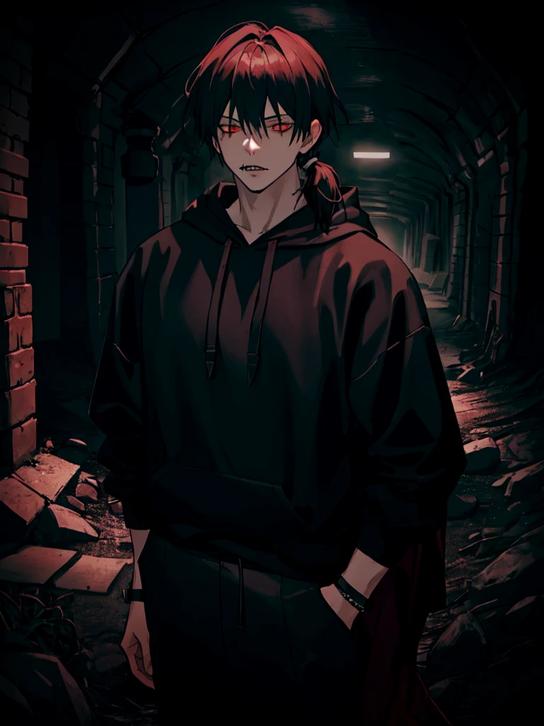 1boy, (Medium-length hair: 1.2), With a ponytail,male, Dark red eyes, (dark theme:1.3), (dark atmosphere:1.3), Horror atmosphere, (Dark Underground: 1.5), Black hoodie,Tall and strong,Beautiful appearance, vicious