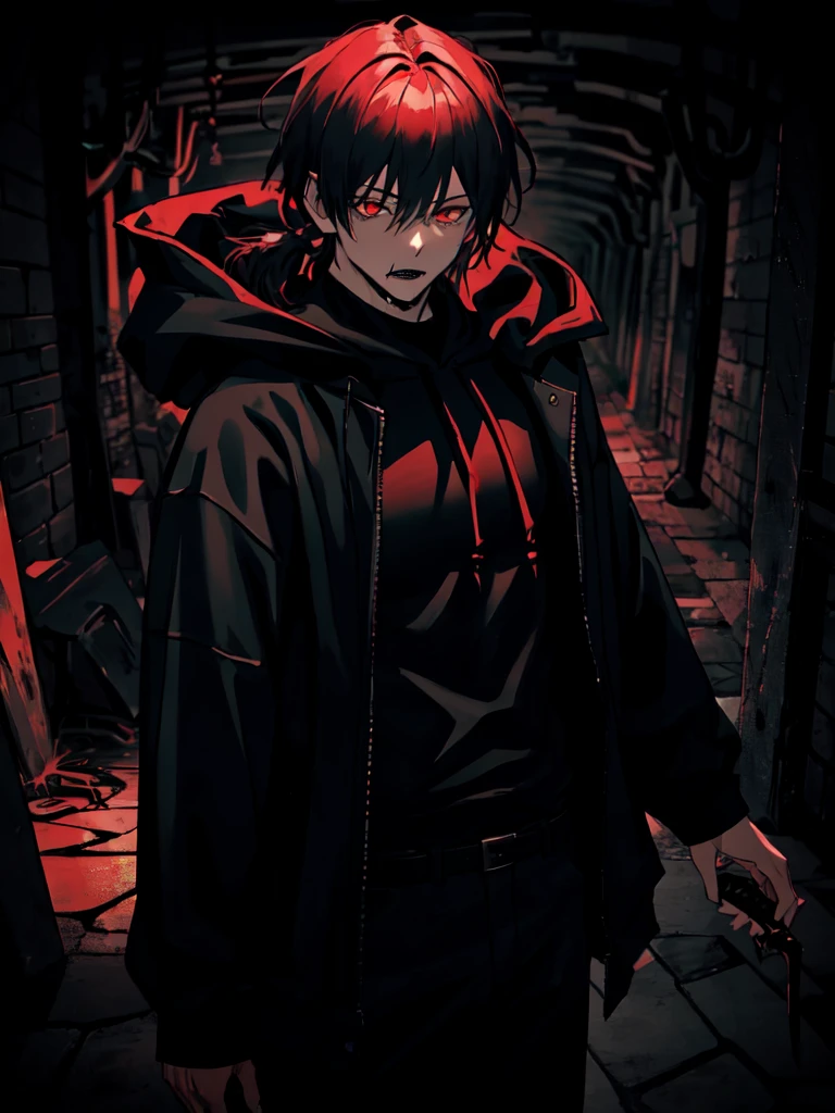 1boy, (Medium-length hair: 1.2), With a ponytail,male, Dark red eyes, (dark theme:1.3), (dark atmosphere:1.3), Horror atmosphere, (Dark Underground: 1.5), Black hoodie,Tall and strong,Beautiful appearance, vicious