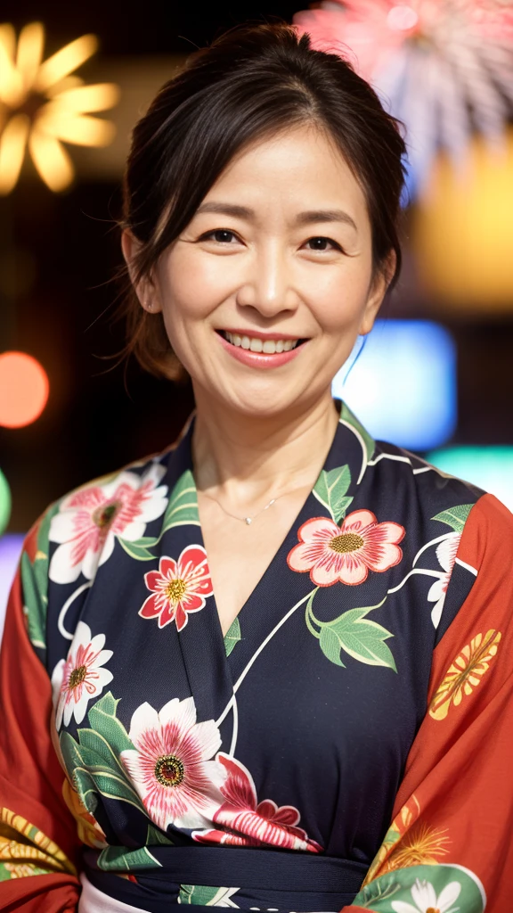最high quality, 8K, Vibrant, Sharp focus, high quality, High resolution, Middle-aged women, Mature Woman, 55 years old, (Whole Body Ezbian), (High heels face detail, Highly detailed eyes, Plump figure、Plump face At midnight, an older woman in a colorful yukata with a low-cut neckline is radiating the best smile at a fireworks festival. She is surrounded by vibrant fireworks in the night sky, her yukata adorned with intricate patterns. The scene captures her joyous expression and the festive atmosphere, highlighting her elegance and the beauty of the fireworks. The image is highly detailed, with realistic textures and vivid colors, showcasing the lively spirit of the event and her captivating presence.