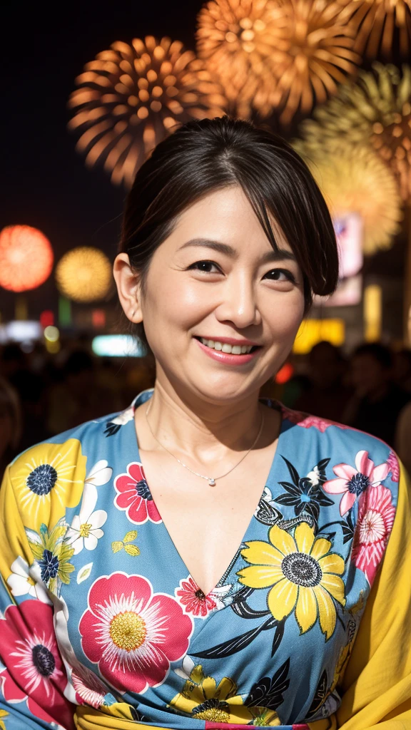 最high quality, 8K, Vibrant, Sharp focus, high quality, High resolution, Middle-aged women, Mature Woman, 55 years old, (Whole Body Ezbian), (High heels face detail, Highly detailed eyes, Plump figure、Plump face At midnight, an older woman in a colorful yukata with a low-cut neckline is radiating the best smile at a fireworks festival. She is surrounded by vibrant fireworks in the night sky, her yukata adorned with intricate patterns. The scene captures her joyous expression and the festive atmosphere, highlighting her elegance and the beauty of the fireworks. The image is highly detailed, with realistic textures and vivid colors, showcasing the lively spirit of the event and her captivating presence.