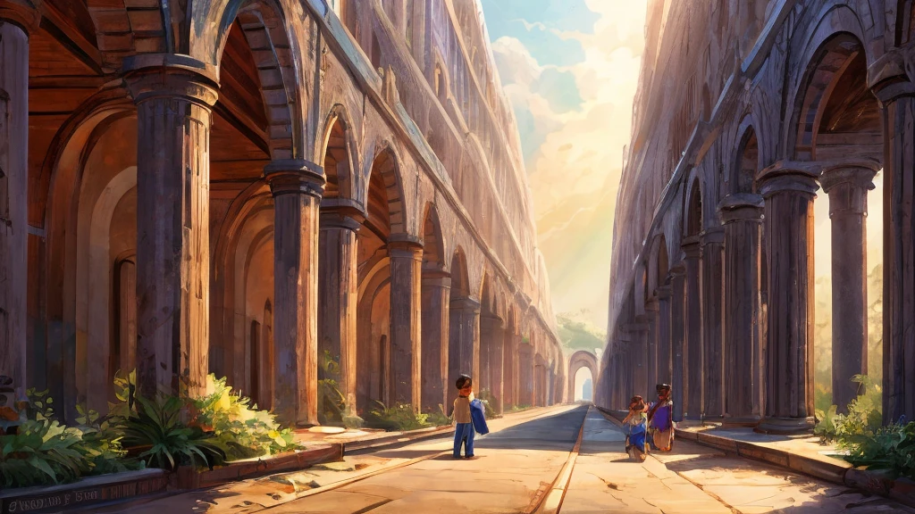 very beautiful long aqueduct, stretched along the horizon line, in rainbow rays, cartoon