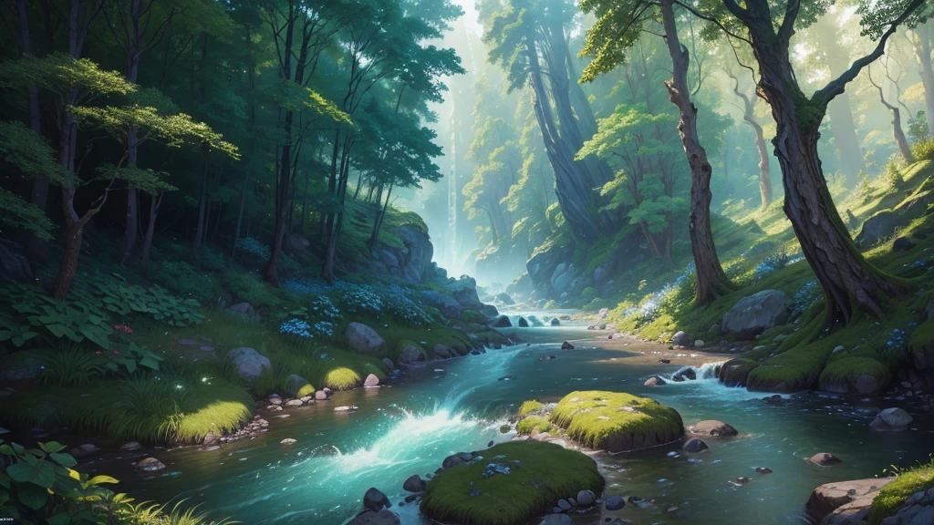 a detailed painting of a fantasy landscape by dmitry prozorov, a beautiful detailed fantasy forest scene, detailed forest trees, lush vegetation, detailed leaves and foliage, colorful flowers, detailed rocks and boulders, flowing river, magical atmosphere, dramatic lighting, vibrant colors, 8k, hyper-realistic, photorealistic, cinematic composition, masterpiece, award-winning digital art