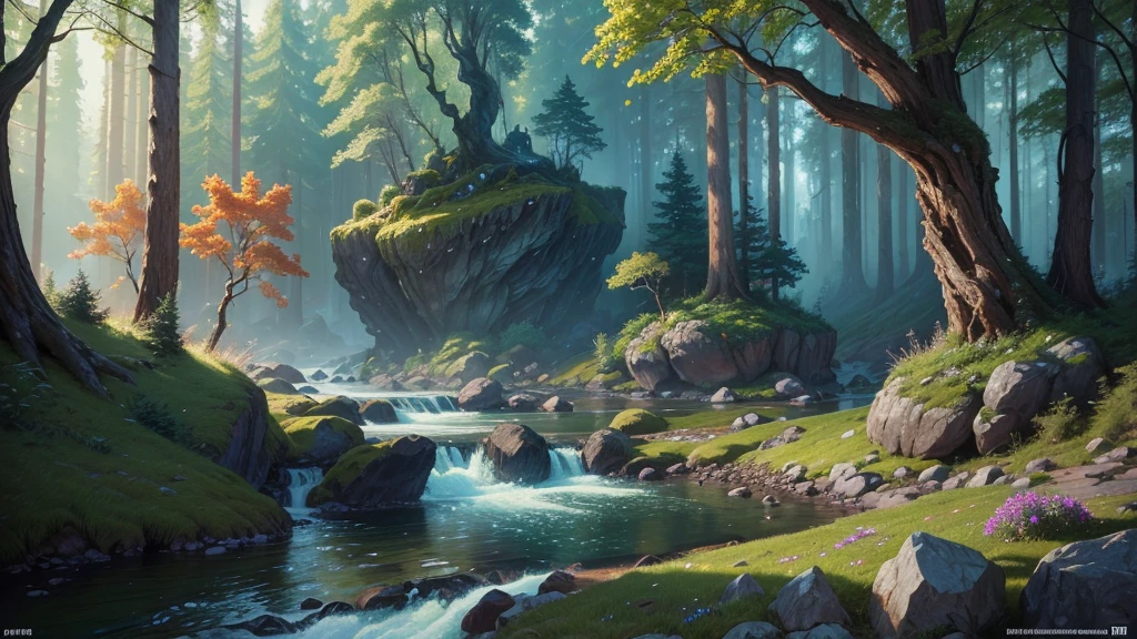 a detailed painting of a fantasy landscape by dmitry prozorov, a beautiful detailed fantasy forest scene, detailed forest trees, lush vegetation, detailed leaves and foliage, colorful flowers, detailed rocks and boulders, flowing river, magical atmosphere, dramatic lighting, vibrant colors, 8k, hyper-realistic, photorealistic, cinematic composition, masterpiece, award-winning digital art