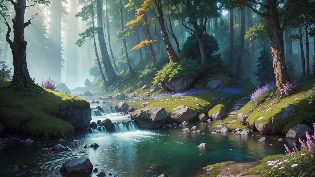 a detailed painting of a fantasy landscape by dmitry prozorov, a beautiful detailed fantasy forest scene, detailed forest trees, lush vegetation, detailed leaves and foliage, colorful flowers, detailed rocks and boulders, flowing river, magical atmosphere, dramatic lighting, vibrant colors, 8k, hyper-realistic, photorealistic, cinematic composition, masterpiece, award-winning digital art