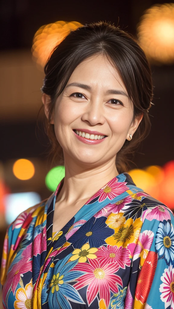 最high quality, 8K, Vibrant, Sharp focus, high quality, High resolution, Middle-aged women, Mature Woman, 55 years old, (Whole Body Ezbian), (High heels face detail, Highly detailed eyes, Plump figure、Plump face At midnight, an older woman in a colorful yukata with a low-cut neckline is radiating the best smile at a fireworks festival. She is surrounded by vibrant fireworks in the night sky, her yukata adorned with intricate patterns. The scene captures her joyous expression and the festive atmosphere, highlighting her elegance and the beauty of the fireworks. The image is highly detailed, with realistic textures and vivid colors, showcasing the lively spirit of the event and her captivating presence.
