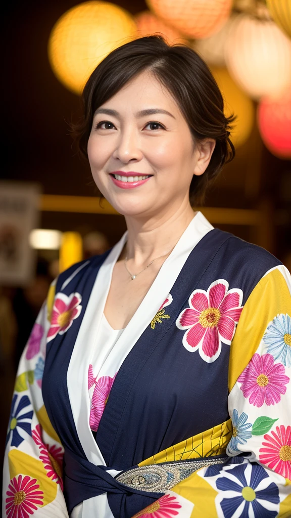 最high quality, 8K, Vibrant, Sharp focus, high quality, High resolution, Middle-aged women, Mature Woman, 55 years old, (Whole Body Ezbian), (High heels face detail, Highly detailed eyes, Plump figure、Plump face At midnight, an older woman in a colorful yukata with a low-cut neckline is radiating the best smile at a fireworks festival. She is surrounded by vibrant fireworks in the night sky, her yukata adorned with intricate patterns. The scene captures her joyous expression and the festive atmosphere, highlighting her elegance and the beauty of the fireworks. The image is highly detailed, with realistic textures and vivid colors, showcasing the lively spirit of the event and her captivating presence.
