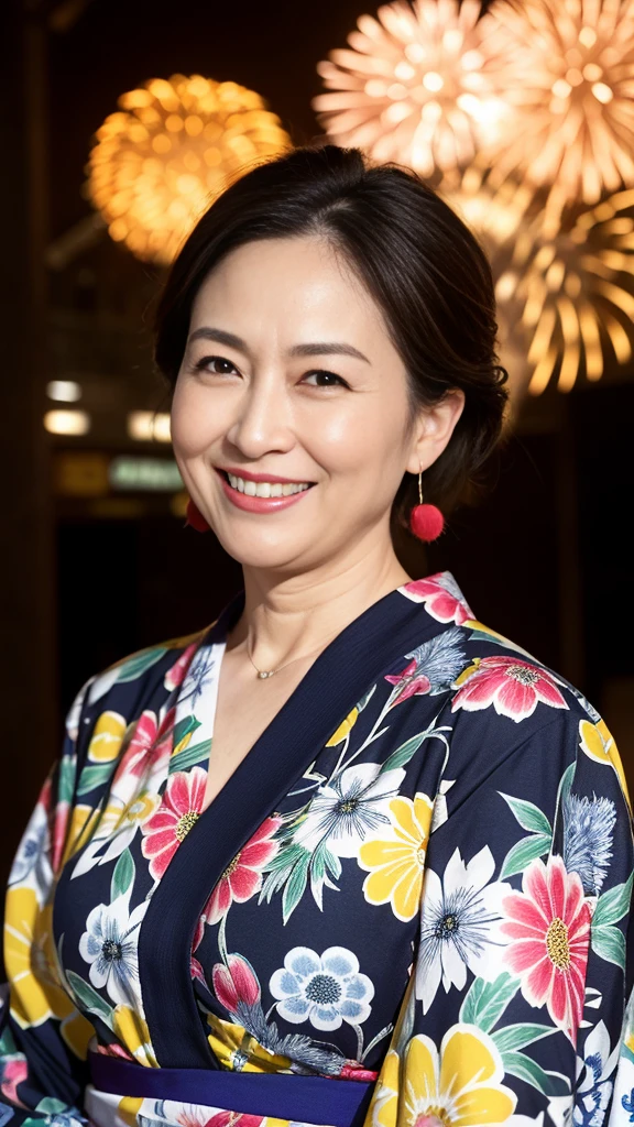 最high quality, 8K, Vibrant, Sharp focus, high quality, High resolution, Middle-aged women, Mature Woman, 55 years old, (Whole Body Ezbian), (High heels face detail, Highly detailed eyes, Plump figure、Plump face At midnight, an older woman in a colorful yukata with a low-cut neckline is radiating the best smile at a fireworks festival. She is surrounded by vibrant fireworks in the night sky, her yukata adorned with intricate patterns. The scene captures her joyous expression and the festive atmosphere, highlighting her elegance and the beauty of the fireworks. The image is highly detailed, with realistic textures and vivid colors, showcasing the lively spirit of the event and her captivating presence.
