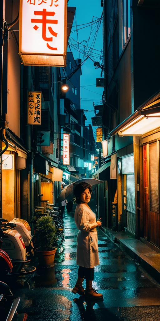 1 fille, rue de Tokyo,nuit, (40 years old), paysage urbain,lumières de la ville, fermer,sourire, (8k, Photo brute, meilleure qualité, chef-d'œuvre:1.2),(réaliste, photo-réaliste:1.37), ((naked)), ((masturbating)), no panties, open legs, no clothes
