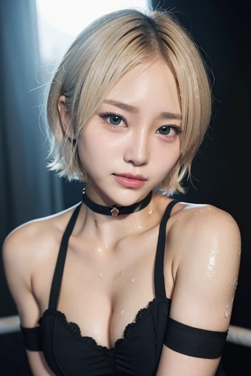 A blonde short-haired busty female wrestler is in the ring、smile、Sunburn、Wrestling Costumes、Black choker、Sweaty hair、Body wet with sweat、face painting、wwe、Diva、Asuka、Iyo Sky、Kairi Sane