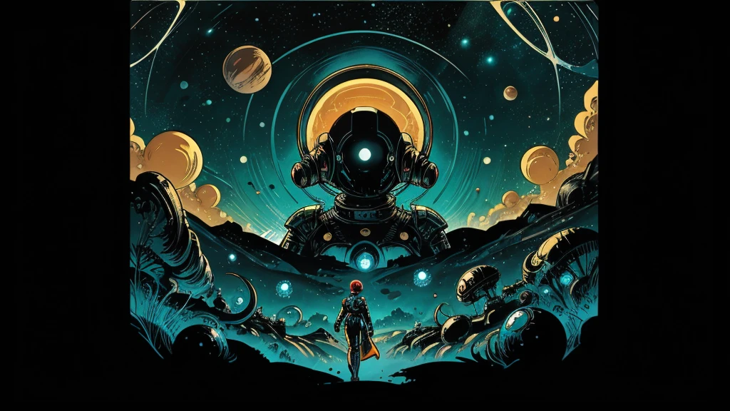 Create a dazzling alien world in the style of 1950s-70s comic book art. Use bold outlines, halftone patterns, and exaggerated perspective. Employ intense, saturated colors reminiscent of vintage four-color printing. Choose ONE of these elements:
-Bizarre, tentacled monsters with multiple eyes and otherworldly appendages - SUPER HOT SPACEGIRL
-A desolate, crater-filled landscape with twin moons in the sky
-Retro space girls in sleek silver suits and bubble helmets
Maintain a psychedelic, otherworldly atmosphere with swirling, colorful skies and strange celestial bodies. Emphasize the contrast between light and shadow to create a dramatic, pulp sci-fi feel.