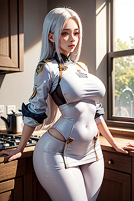 Super-detailed, 8k HD, Shenhe (Genshin Impact), 1 girl, solo, long white hair, detailed hand and face, busty body, curvy body, big breast, large butt, thick thighs, small waist, tight clothes, standing at the kitchen counter