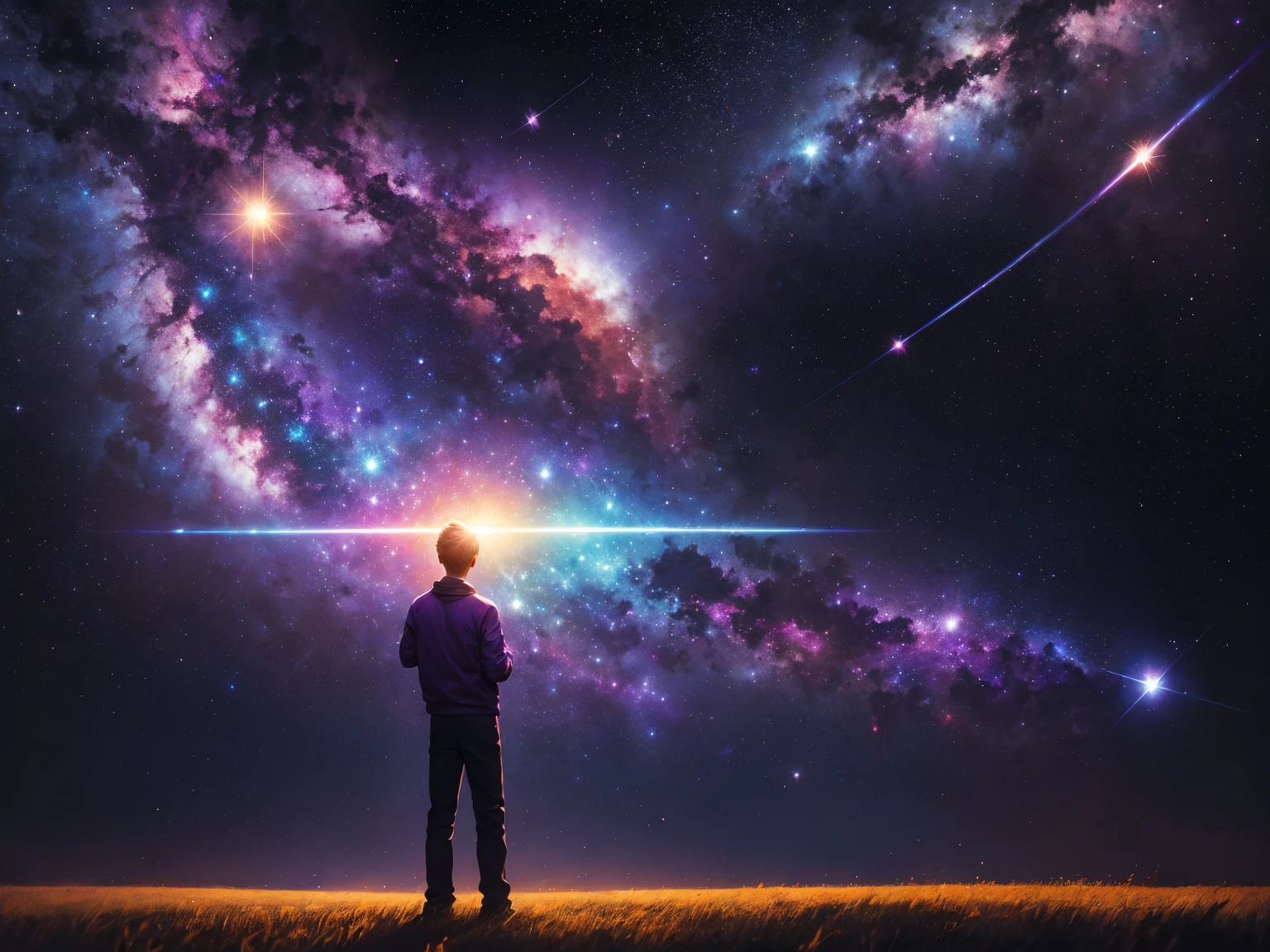 painting of a boy standing on the grass with a bright light in the background, looking out into the cosmos, in a cosmic field, strange portrait with galaxy, in the field of internal hyperspace, Holographic projection, Nascimento do Universo, video still, in the universe, consciousness projection, on a galaxy-looking background, standing in outer space, holding a galaxy, distant bright stars within the galaxy, purple nebulas, nebulas with fiery tones.